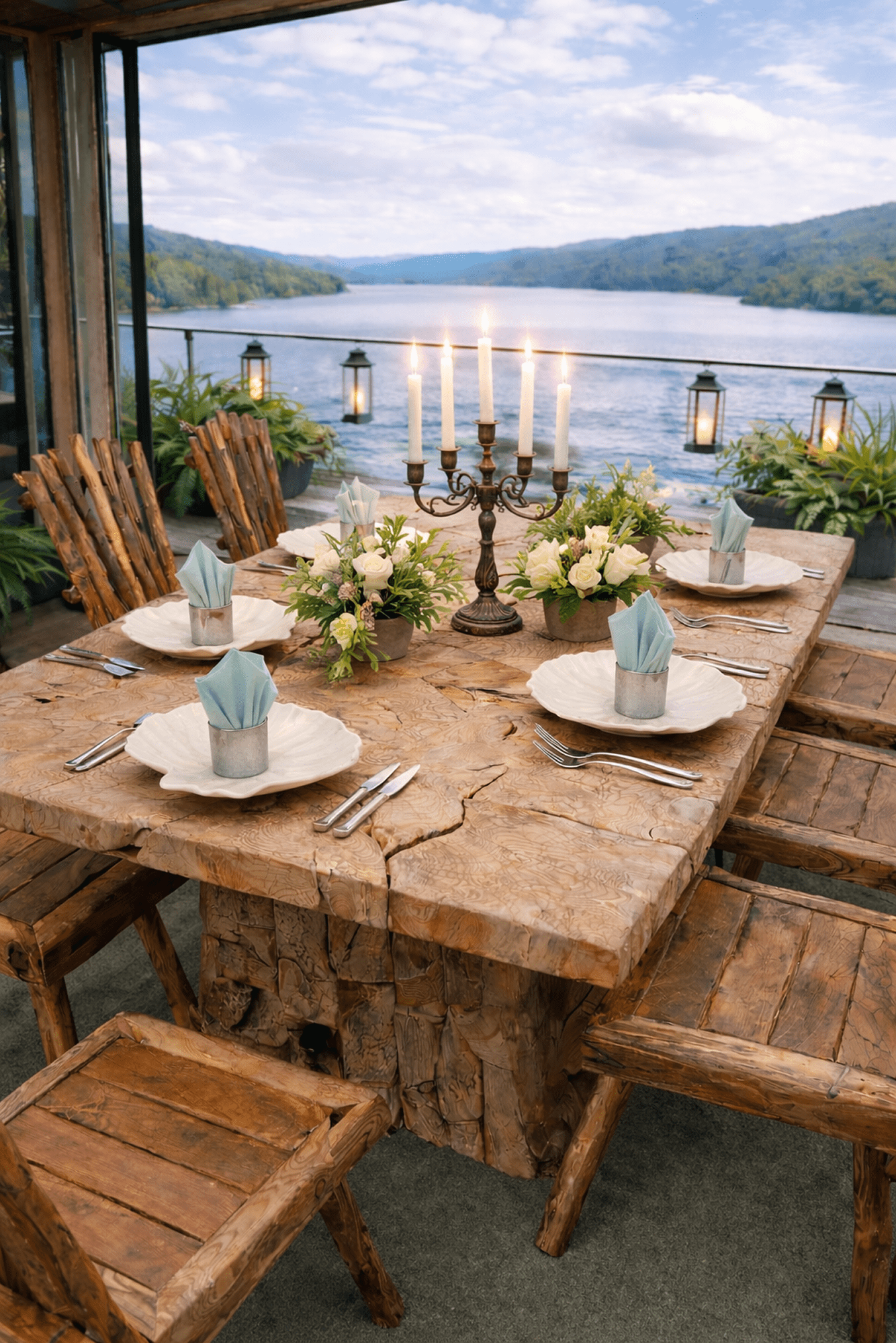 Wooden table with candelabra centerpiece