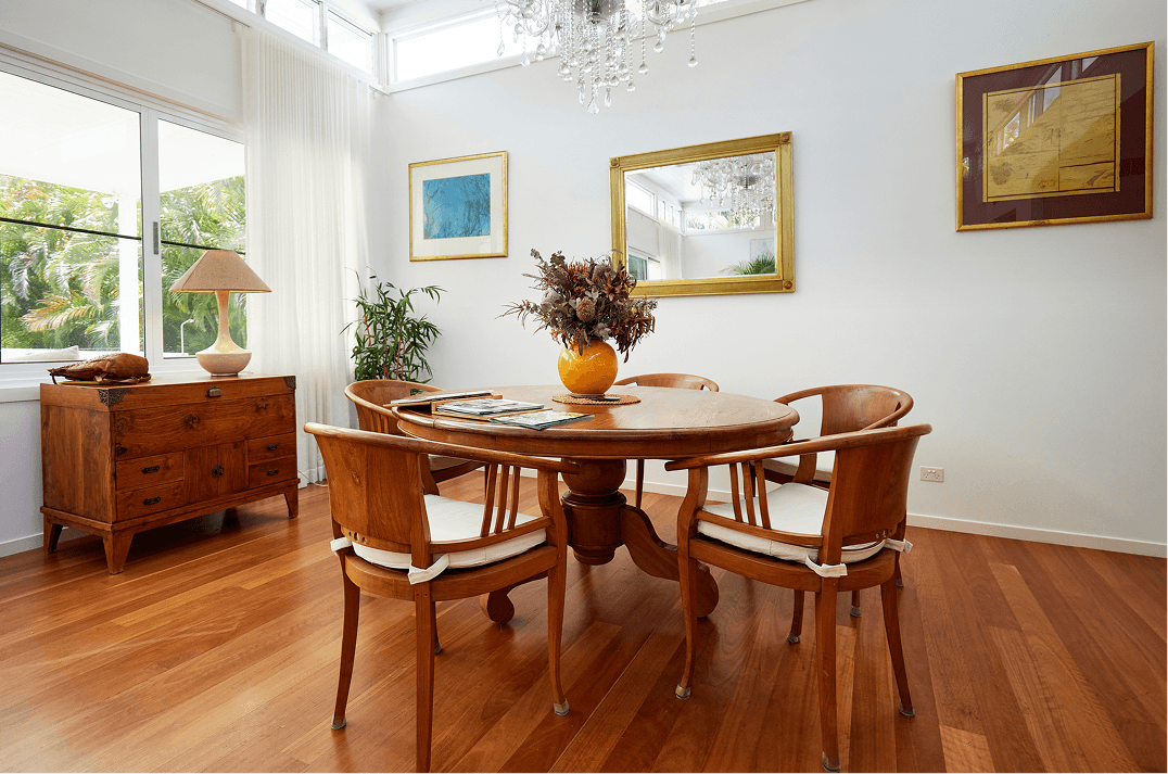 Dining room with wooden furniture