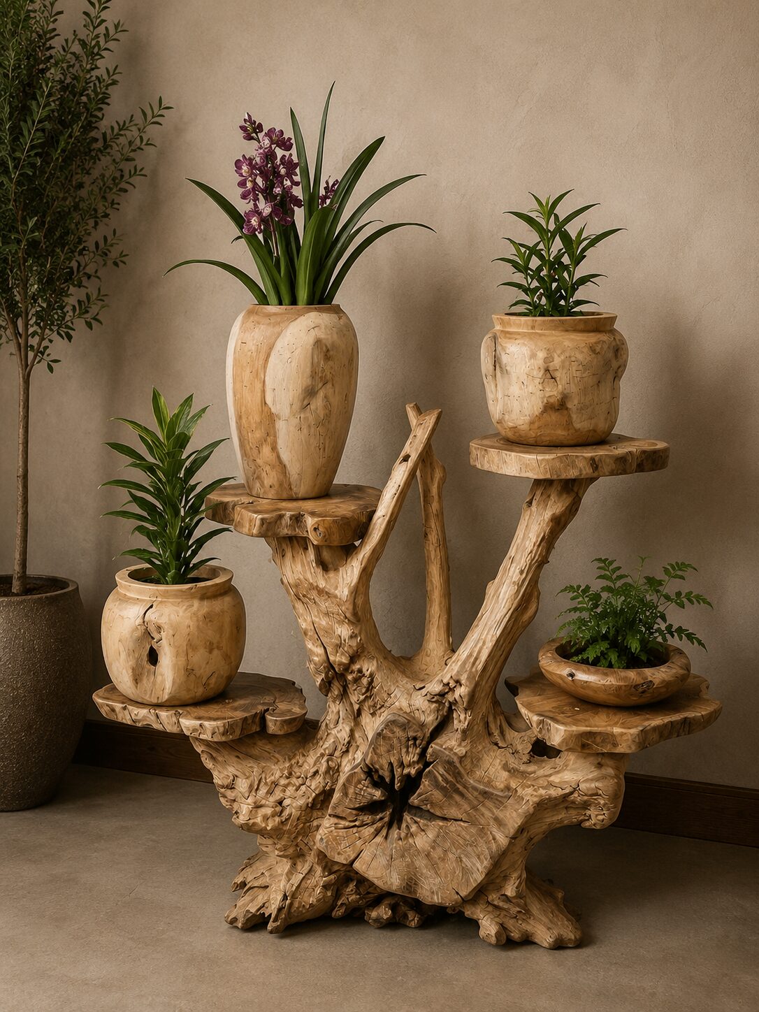 Decorative wooden plant stand with potted plants.
