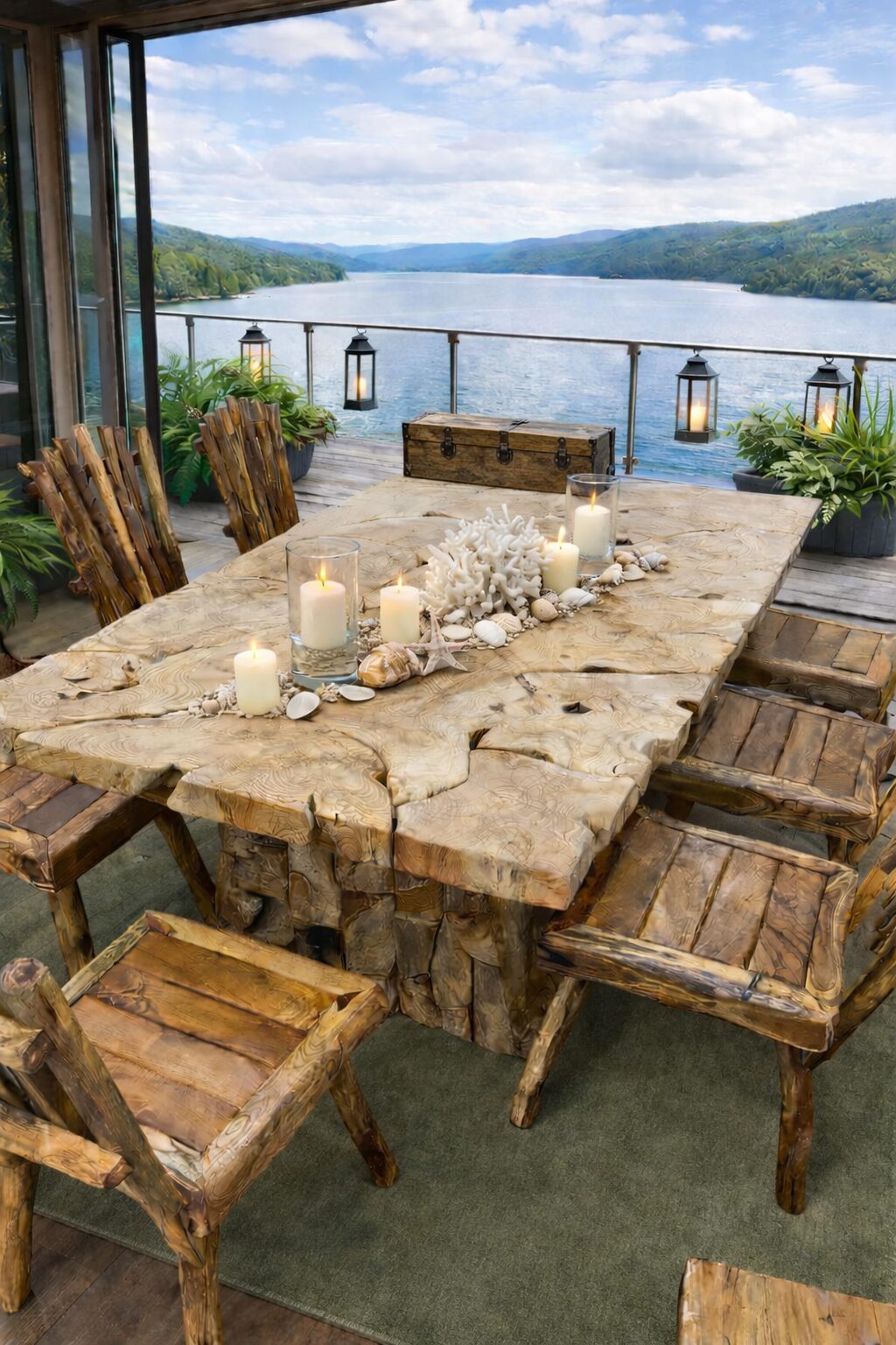 Rustic dining table overlooking scenic lake.