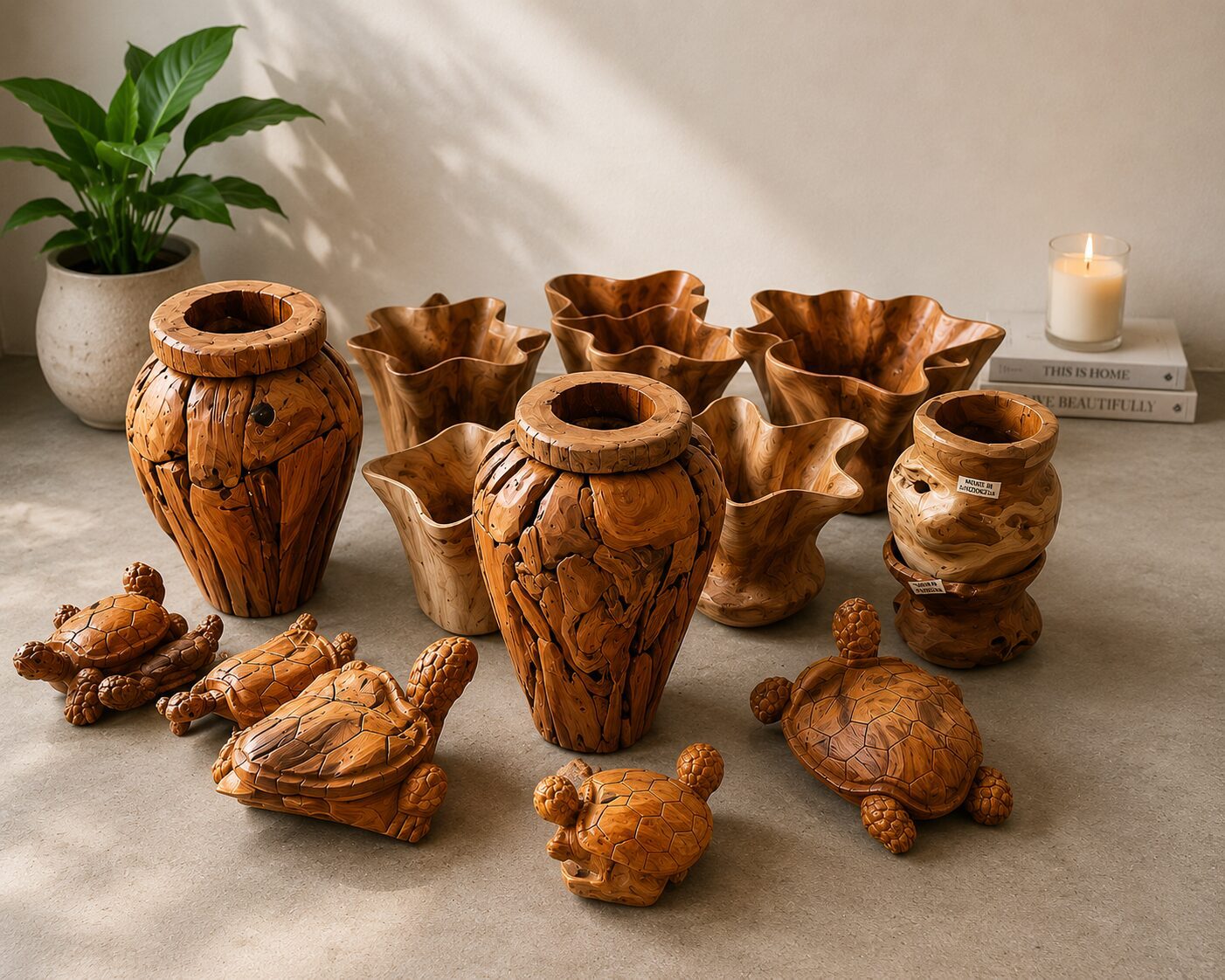 Wooden decor items on a table display.