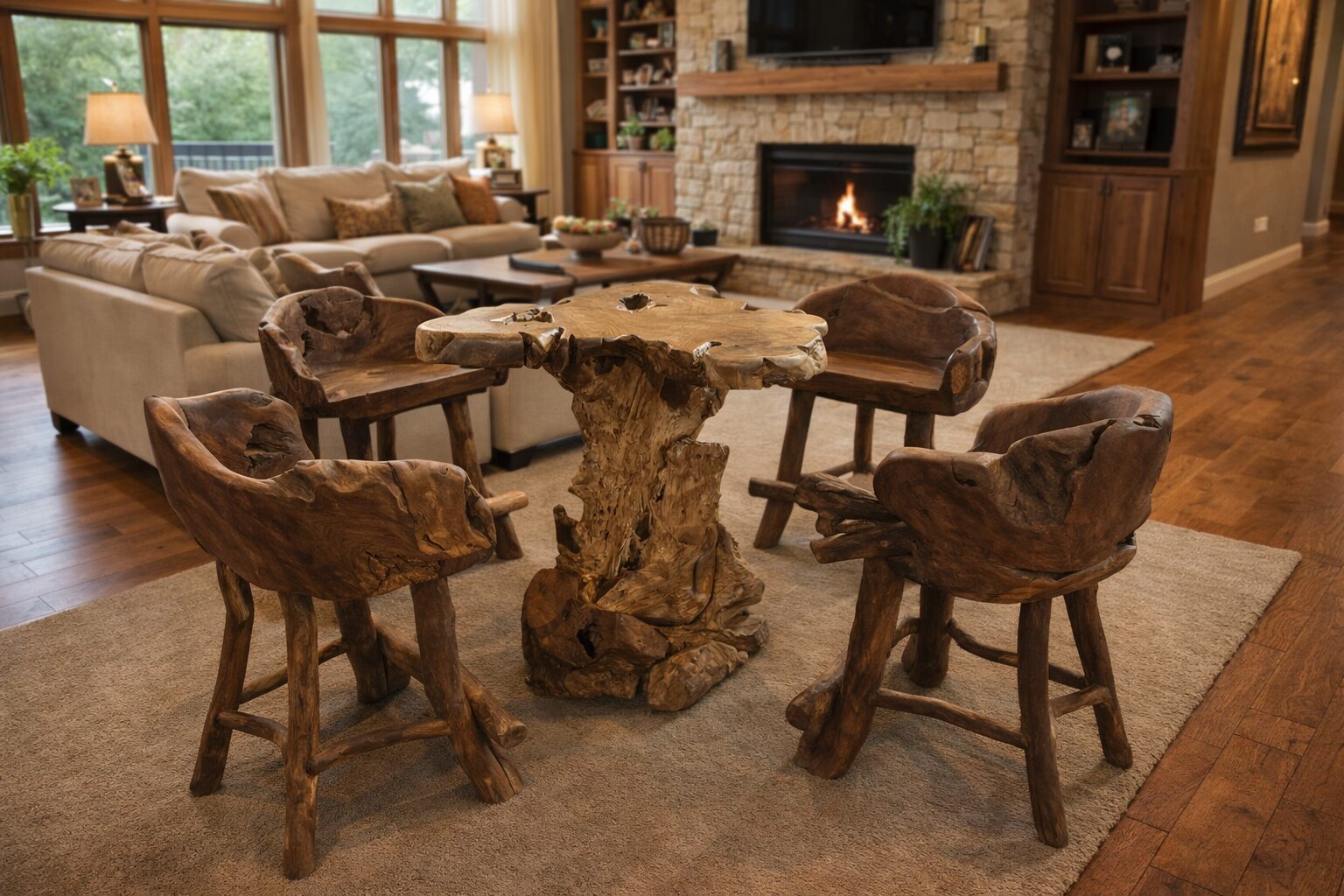 Rustic living room with wooden furniture set.