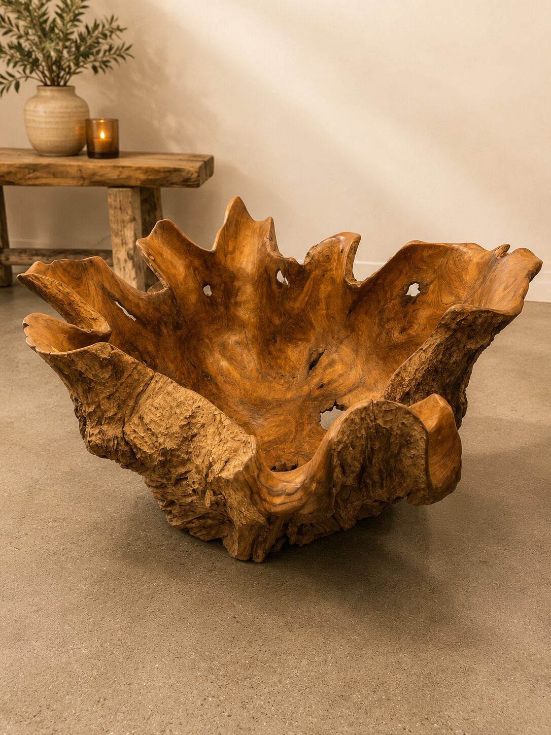 Wooden sculpture resembling a large bowl.