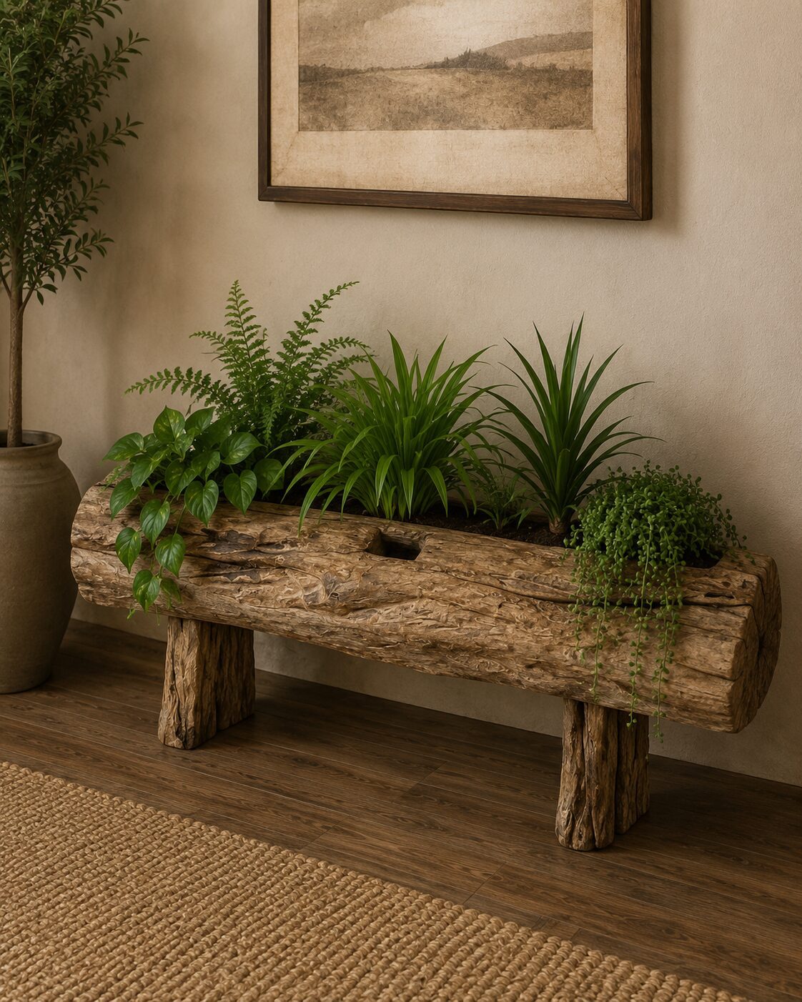 Wooden log planter with green indoor plants.
