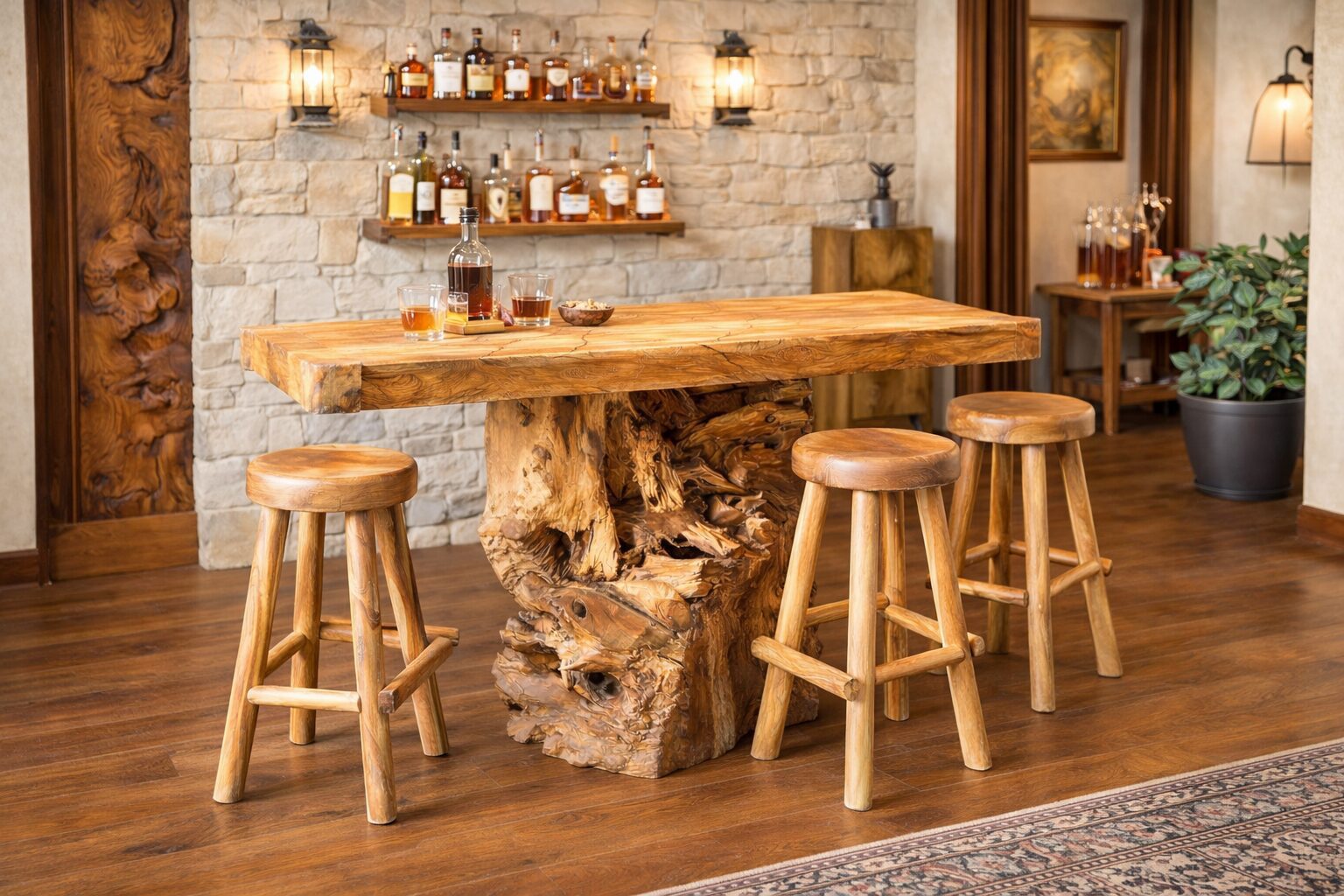 Rustic bar setup with wooden stools.